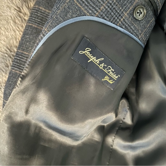 Joseph & Feiss Gold Wool 2 Button Blazer Navy Blue Plaid Pattern XL 44 R - Picture 6 of 14